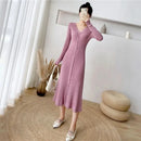 Lucyever Elegant Knitted Long Dress for Women Korean Chic Buttons Slim Fit Midi Dresses Female Streetwear V Neck Party Vestidos - M & M Global