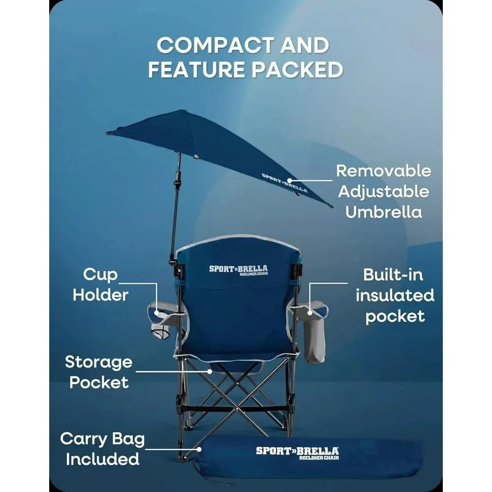 Reclining Beach Chair, 3-position adjustability with detachable detachable footrest lets, swiveling umbrella with UPF50+material