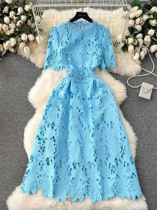 Elegant Flower Embroidery Lace Hollow Out Midi Dresses Women's 2025 Summer O Neck Short Sleeve Casual Long Dress Party Vestidos - M & M Global