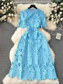 Elegant Flower Embroidery Lace Hollow Out Midi Dresses Women's 2025 Summer O Neck Short Sleeve Casual Long Dress Party Vestidos - M & M Global