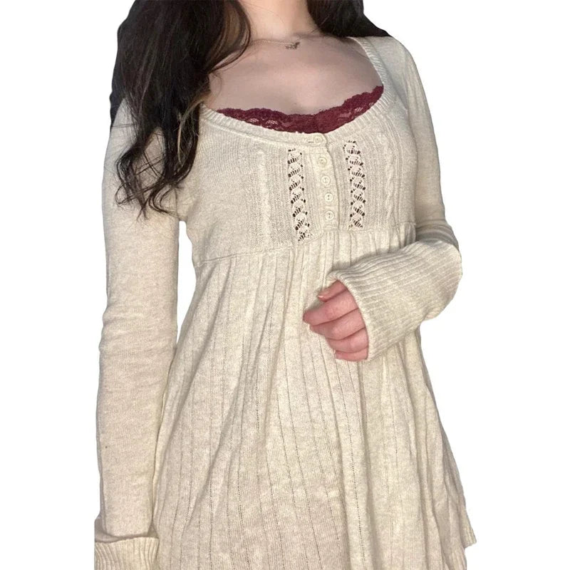 2000s Vintage Long Sleeve Babydoll Knitted Sweater Tops Cottage Milkmaid Pullovers Aesthetic Grunge Y2k Knitwear T-shirts Women