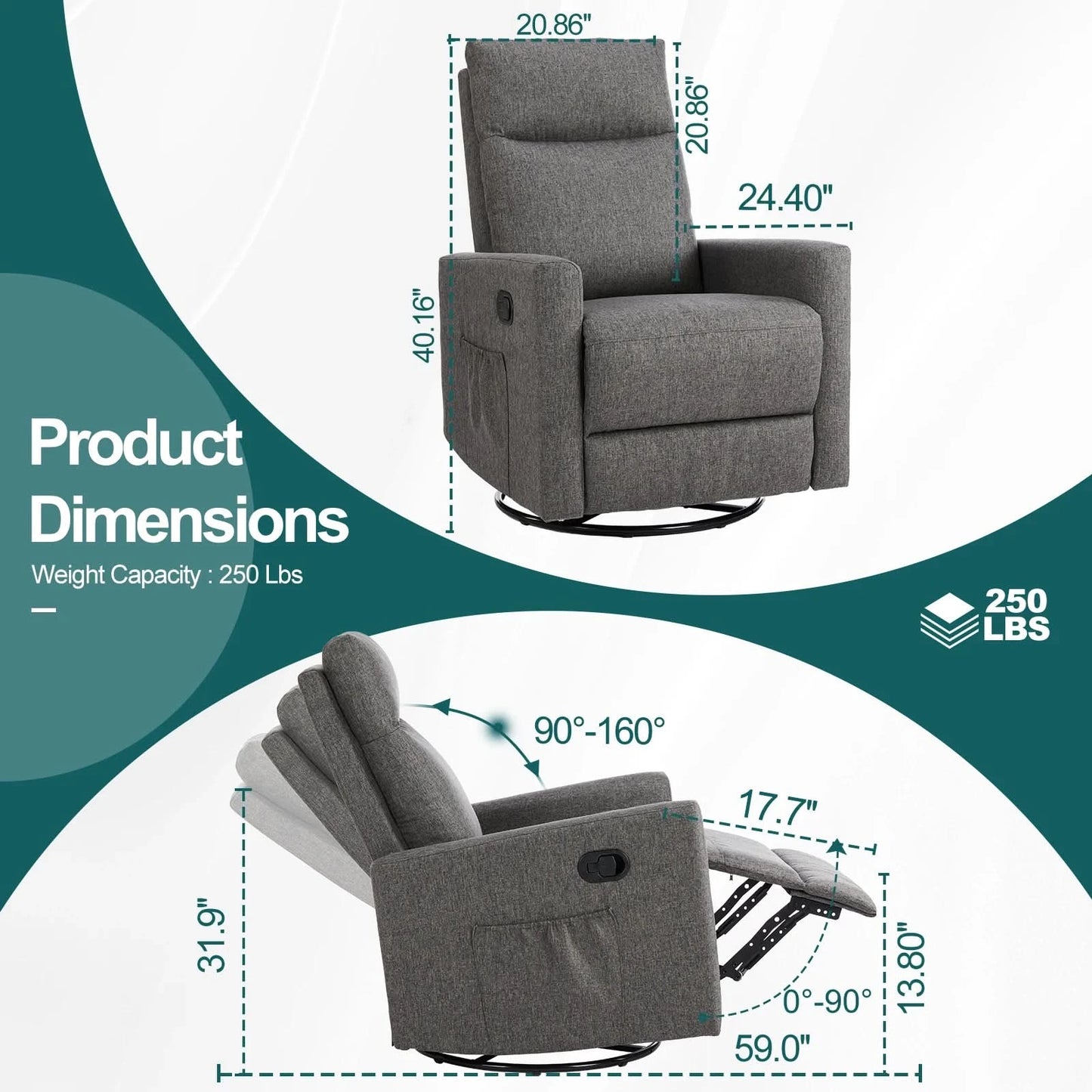 JHK Rotating Living Room Sofa Recliner With Oversized Foot Swivel Rocking Rocker Recliner Glider Nursery Sofas for BedRoom