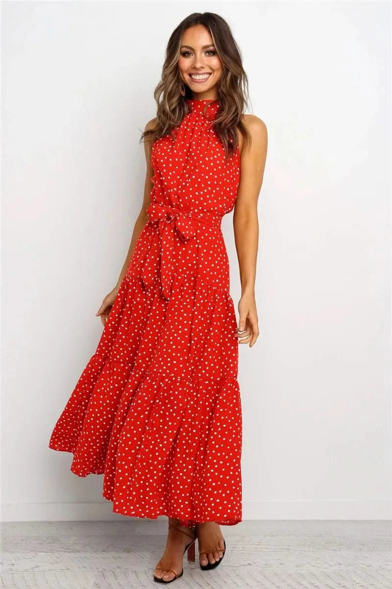Summer Floral Print Halter Neck Dresses For Women Sleeveless Leace-up Long Dress Casual Beach Holiday Vestidos Female Clothing - M & M Global