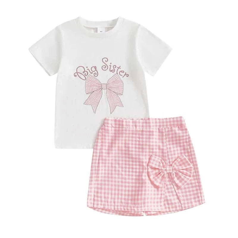 Adorable Toddler Girl Outfit with Bow Detail Short Sleeve Tee Plaid Skorts and Elastic Waistband - 2 Piece Summer Set - M & M Global