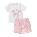 Adorable Toddler Girl Outfit with Bow Detail Short Sleeve Tee Plaid Skorts and Elastic Waistband - 2 Piece Summer Set - M & M Global