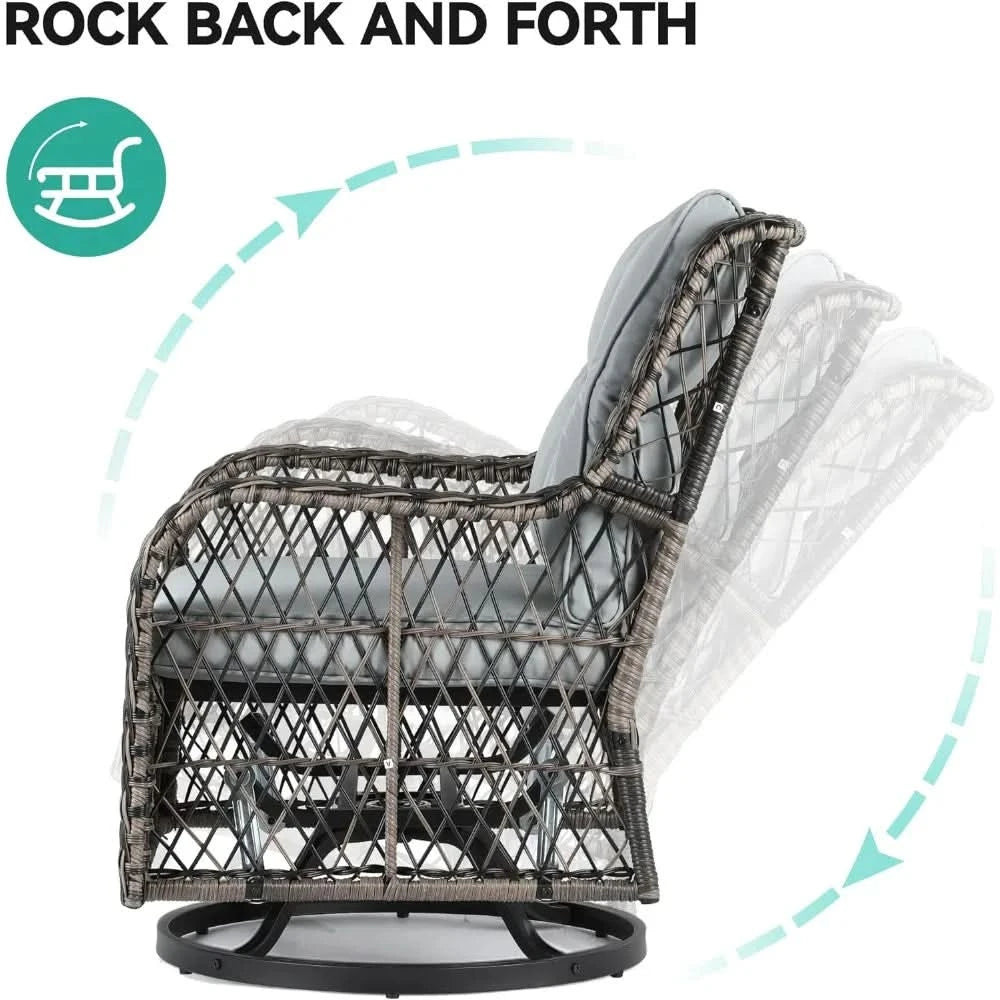 3 Piece Patio Outdoor Swivel Glider Rocker Wicker Patio Bistro Rocking Set with Wood-Grain Table for Garden, Backyard and Balco
