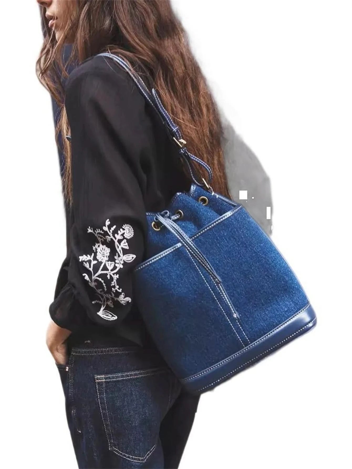 2024 Autumn/Winter new denim hand bill shoulder bag Fashion canvas bucket bag - M & M Global