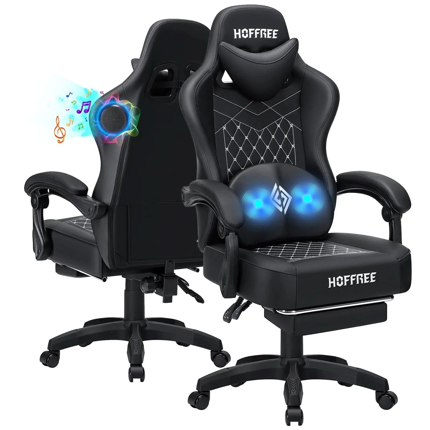 Gaming Chair with bluetooth Speakers RGB LED Lights Ergonomic Massage Video Game Chair with Footrest High Back w/ Lumbar Support