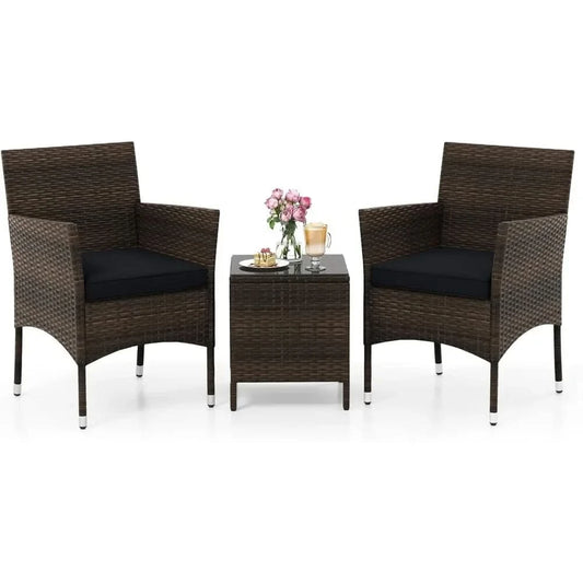 3 Piece Patio Furniture Set, Outdoor Wicker Patio Chairs with Soft Cushions & Tempered Glass Top Table, PE Rattan Bistro