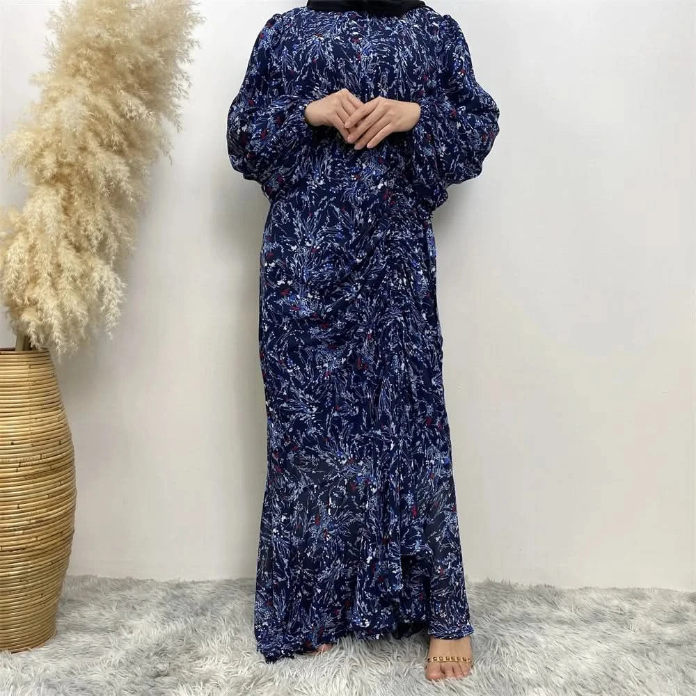 Muslim Women's dress Casual print bark crepe long dress Zipper collar long sleeves loose Muslim maxi dress - M & M Global