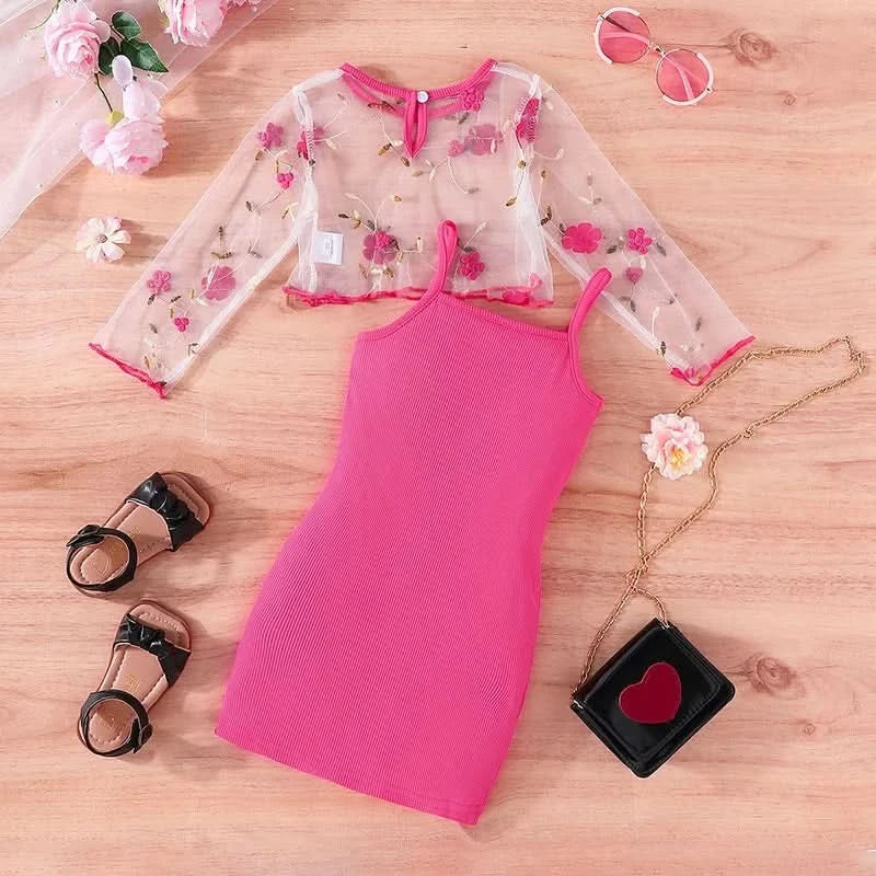 Kid Girl 2-7 Years old Long Sleeve Top Floral embroidery mesh Suspenders Skirt Princess Dresses Summer Outfit Clothing Set - M & M Global