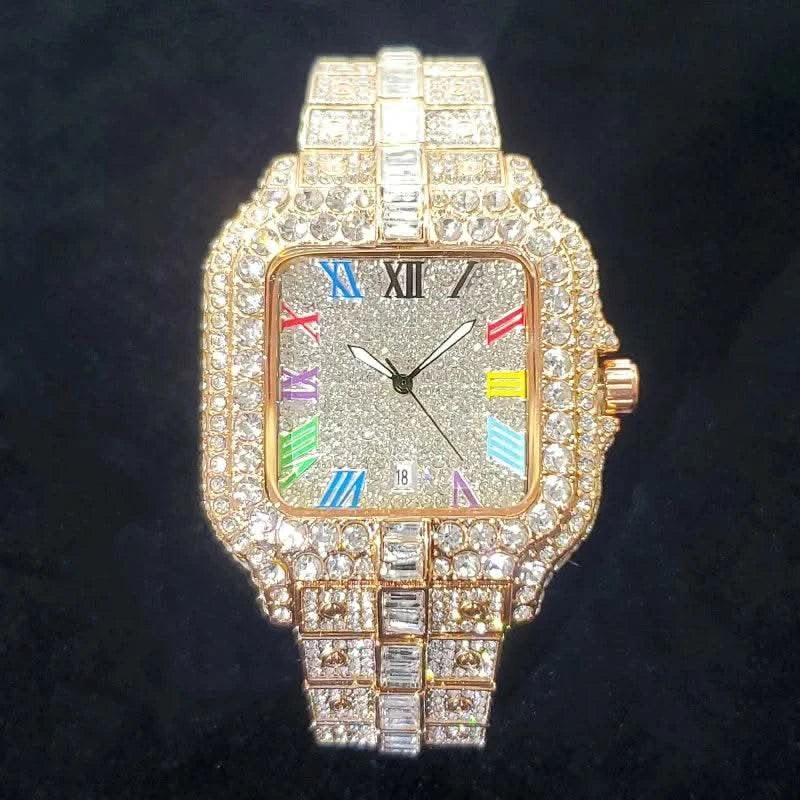 2025 UNIGUET Luxury Diamond Watch For Men With Rainbow Dial Calendar Quartz Watches Fashion Hip Hop Iced Out Wristwatch Man Gift - M & M Global