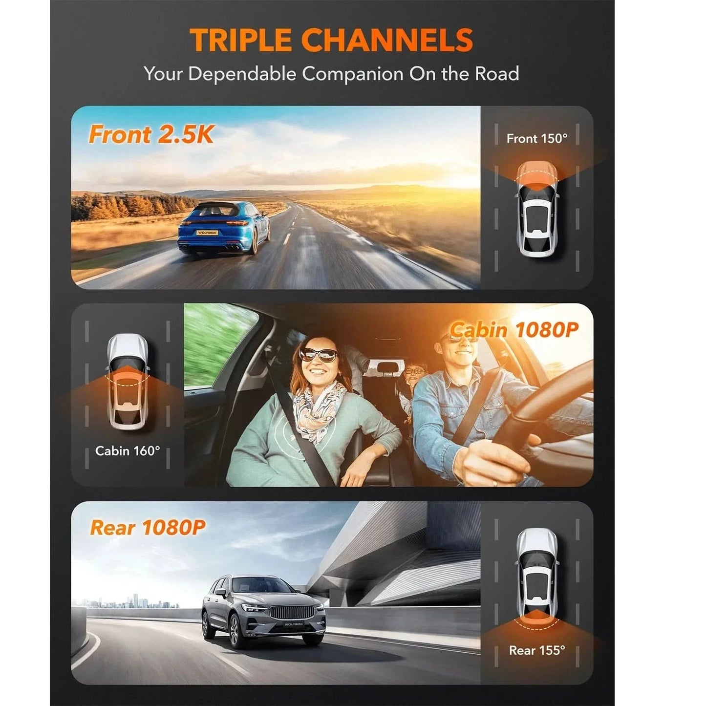 WOLFBOX I07 Dash  Cam 3 Channel Dash Camera for Car Front and Rear 4K Dash Camera with GPS WiFi Car Dvr for 170 FOV WDR - M & M Global