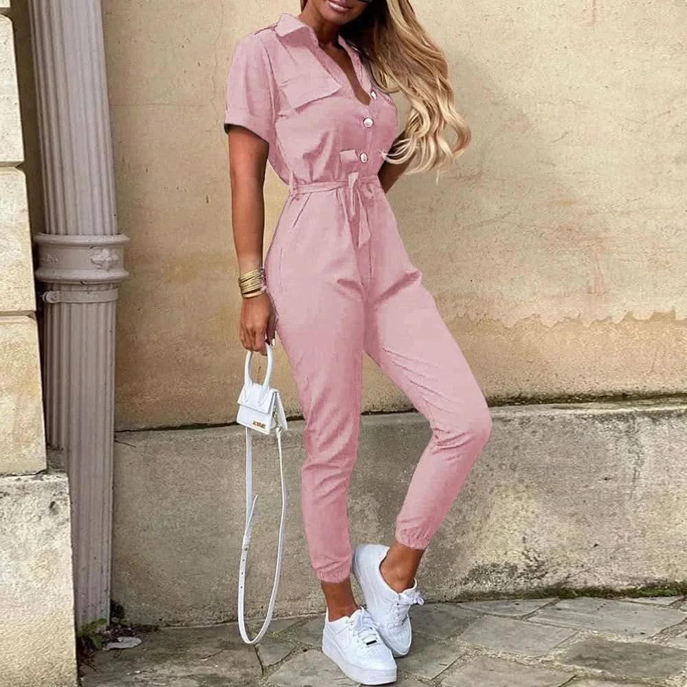 Women's Monochromatic Belt Workwear Jumpsuit, Casual Pants, Flip Collar, Buckle, European and American, Summer, 2024 - M & M Global