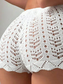 Polyester100.00% Hollow Drawstring Open Waist Knitted Bikini Blocked Women's Shorts - M & M Global