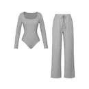 Ladies Casual Two-Piece Suit round Neck Long Sleeve Top with Wide Leg Pants Pure Color Straight Loose Trousers Elegant Outfit