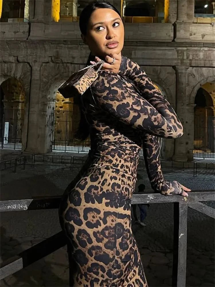 Print Leopard Print Slim Long Dress Women's Fashion Long Sleeve Sexy Party Dress Summer Street Leopard Print Long Dress 2024 New - M & M Global