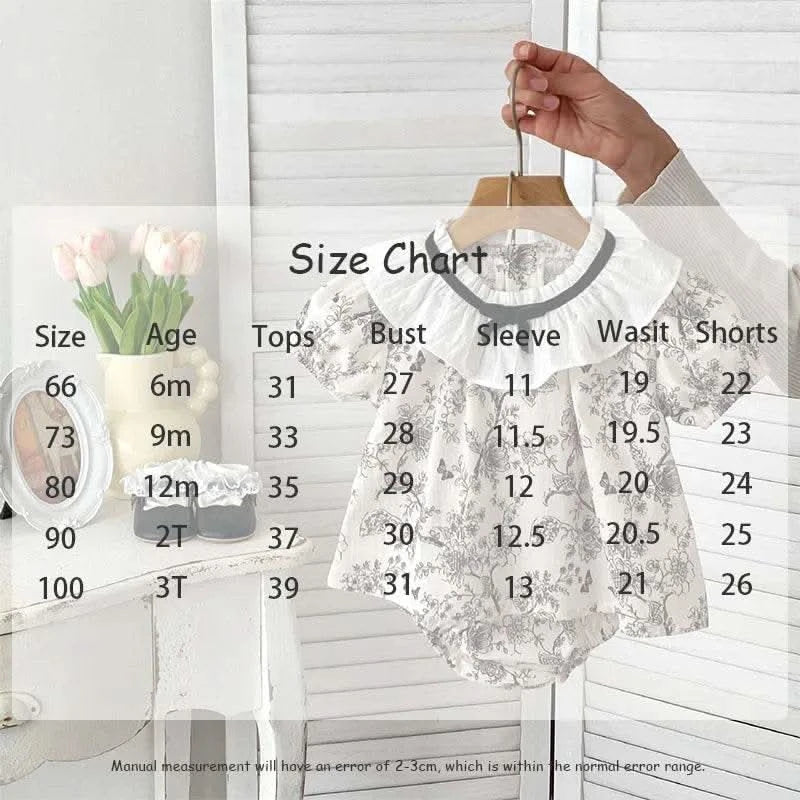 2PCS Summer Floral Baby Girl Suit New Autumn Fashion Lace Bow Baby Girls' Set Peter Pan Collar Shirt and Shorts Princess Outfits - M & M Global