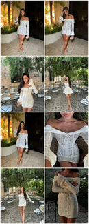Mozision Floral Lace Off-shoulder Maxi Dress For Women White Strapless Backless Long Sleeve Bodycon Club Party Sexy Long Dress - M & M Global