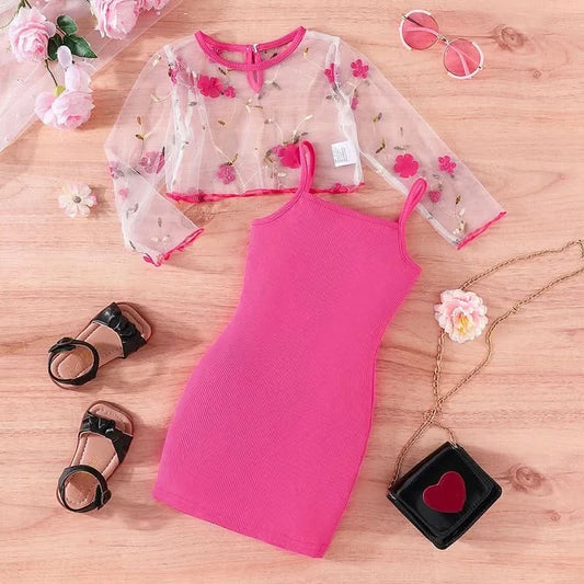 Kid Girl 2-7 Years old Long Sleeve Top Floral embroidery mesh Suspenders Skirt Princess Dresses Summer Outfit Clothing Set - M & M Global