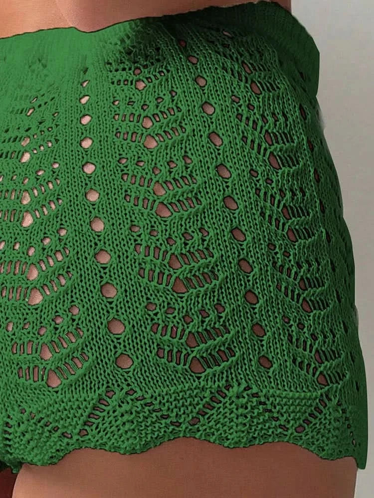 Polyester100.00% Hollow Drawstring Open Waist Knitted Bikini Blocked Women's Shorts - M & M Global