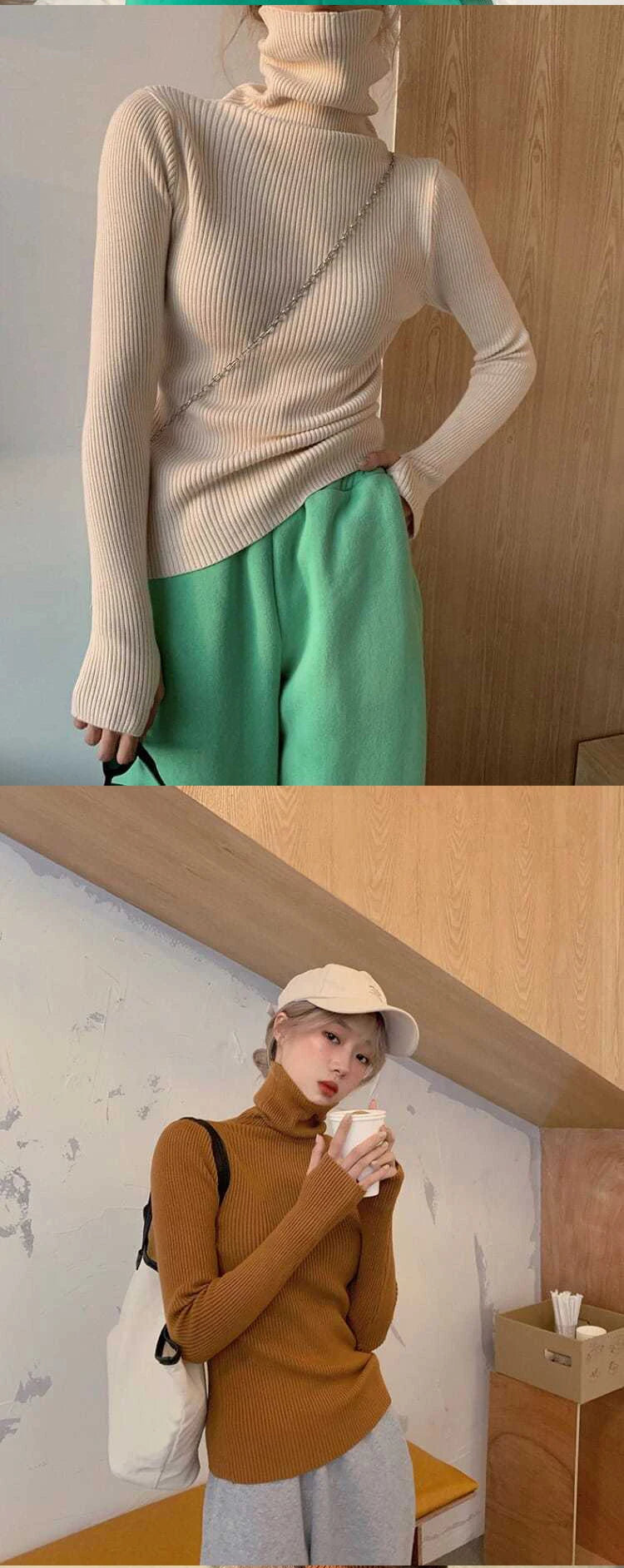Knitted Sweater Women Korean Version Turtleneck Sweater Winter Solid Color Pullover Slimming Interior Lapping Warm Basic Tops