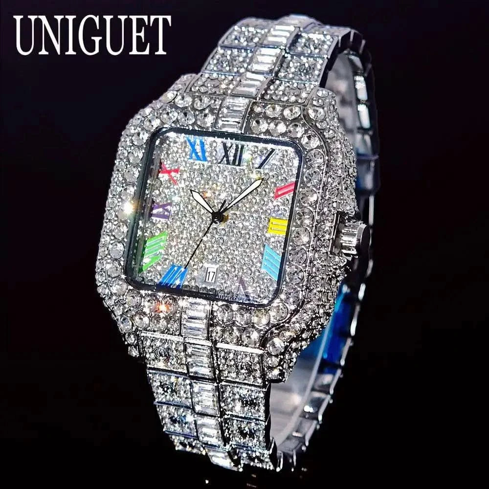 2025 UNIGUET Luxury Diamond Watch For Men With Rainbow Dial Calendar Quartz Watches Fashion Hip Hop Iced Out Wristwatch Man Gift - M & M Global