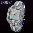 2025 UNIGUET Luxury Diamond Watch For Men With Rainbow Dial Calendar Quartz Watches Fashion Hip Hop Iced Out Wristwatch Man Gift - M & M Global