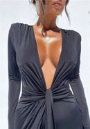 Mozision Deep V Neck Long Sleeve Split Maxi Dress Women Elegant Clubwear 2023 Autumn New Bodycon Ruched Sexy Long Dress - M & M Global
