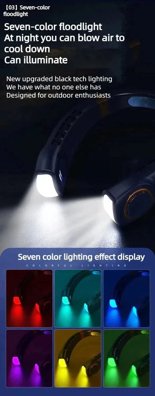 Seven-color floodlight with black tech lighting, shown in use and with color display.