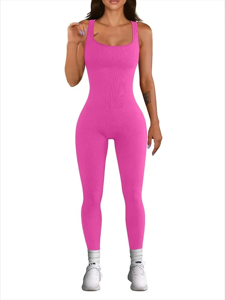 Women's Sleeveless Yoga Jumpsuit Exercise Ribbed Square Neck Vest High Waist  Fitness Sports One-piece Yoga Suit - M & M Global