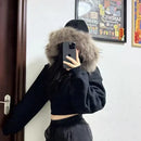 New American Style Hooded Sweatshirt Jacket Zipper Spring Autumn Short Design Top Short Outerwear Fur Collar Commuter Style