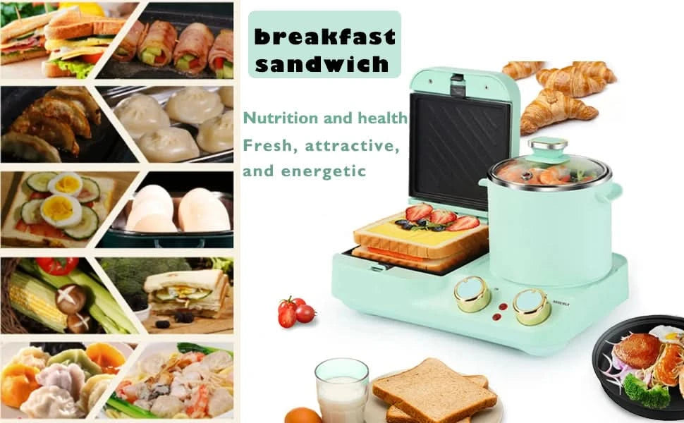 Breakfast Sandwich Maker w/Boiling Pot, 3 in 1 Breakfast Station, Retro Household Electric Mini Toaster Bread Sandwich Maker wit - M & M Global