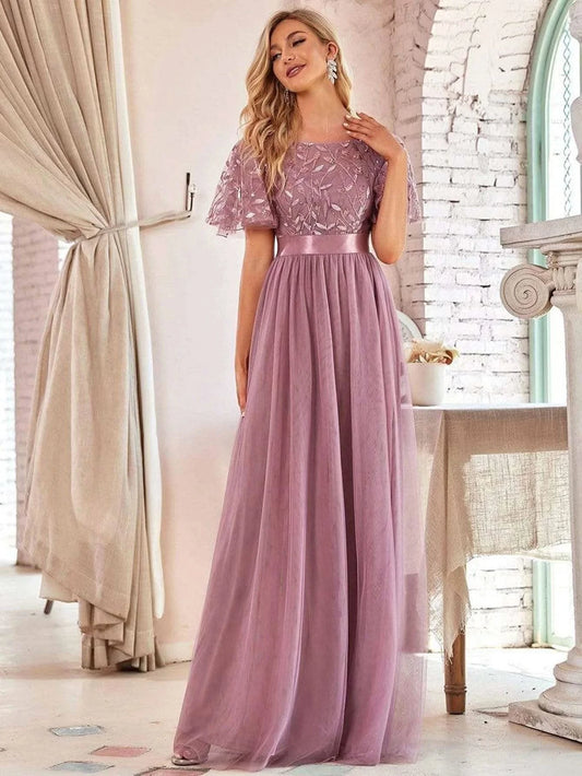 2023 New Women's Burgundy A-Line Sequin Mesh Leaf Maxi Prom Dress Sparkle Evening Dresses O-Neck Short Sleeve Long Dress - M & M Global