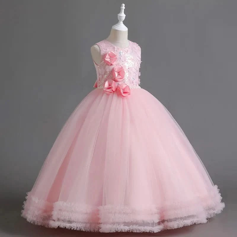 Girls' Sequin Pearl Princess Dress 5-14 Years Old Flower Decal Sleeveless Temperament Long Dress Halloween Banquet Fashion Dress - M & M Global