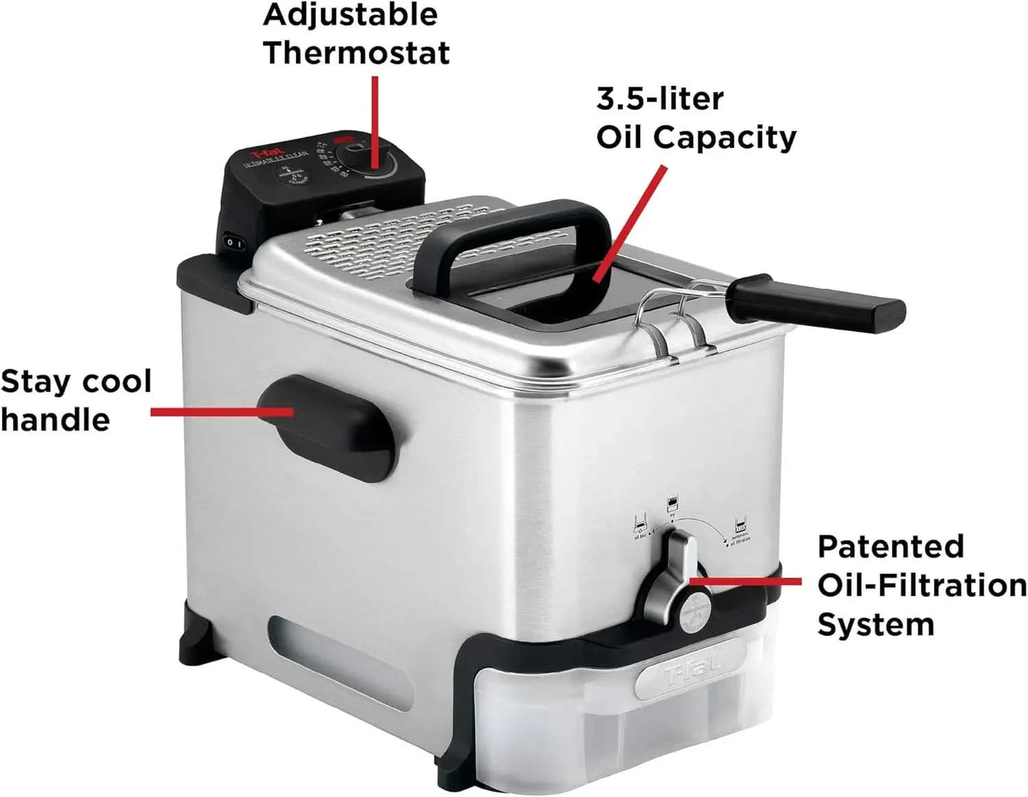 3.5L Stainless Steel Deep Fryer with Basket, 1700W, Oil Filtration, Temp Control, Digital Timer, Dishwasher Safe Parts - M & M Global