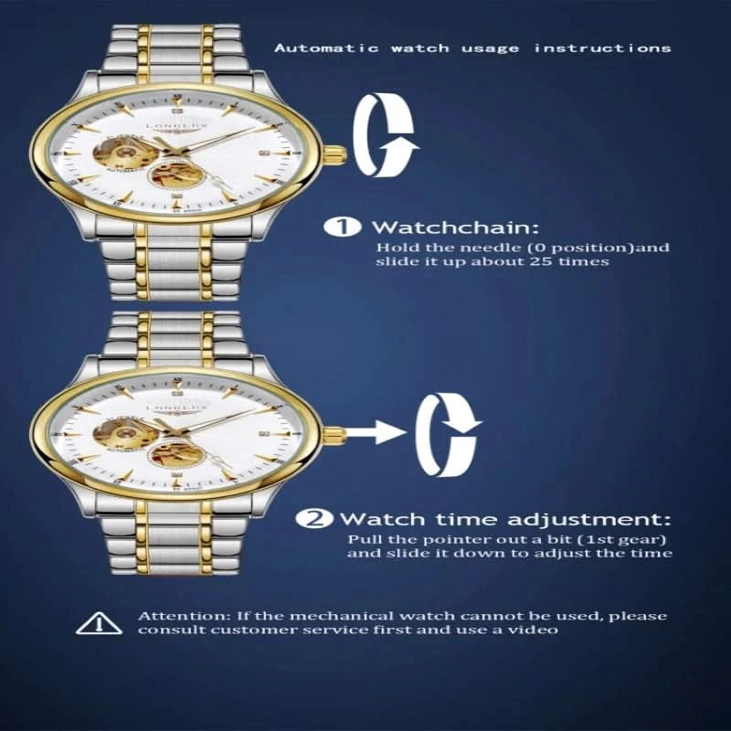 LONGLUX Men automatic mechanical watch elegant luxury watches waterproof skeleton business wholesale stainless steel gift watch - M & M Global