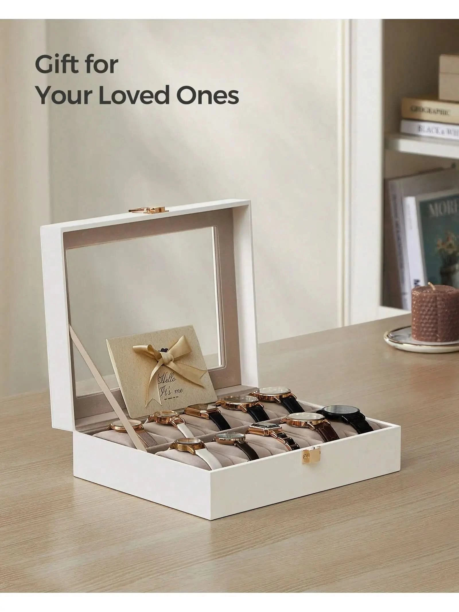 SONGMICS Watch Box, 10-Slot Watch Case with Large Glass Lid, Removable Watch Pillows, Watch Box Organizer, Gift for Loved Ones - M & M Global