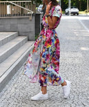 Women's Fashionable Casual Loose Dress Ladies Floral Tie V-neck Split Print Short Sleeved Long Dress - M & M Global