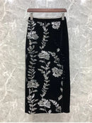 Retro Green Velvet Split Skirt Women Sequin Floral Heavy Industry High Waist A Line Long Dress Elegant Mid Length Skirt Fashion - M & M Global