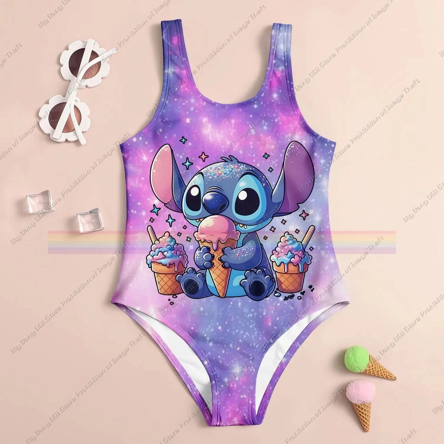 Stitch Cartoon Miniso 2025 Summer 3D Printing Kids Clothing Swimsuit Girls Boys Two Piece Bikini Set Beach Party Essential - M & M Global