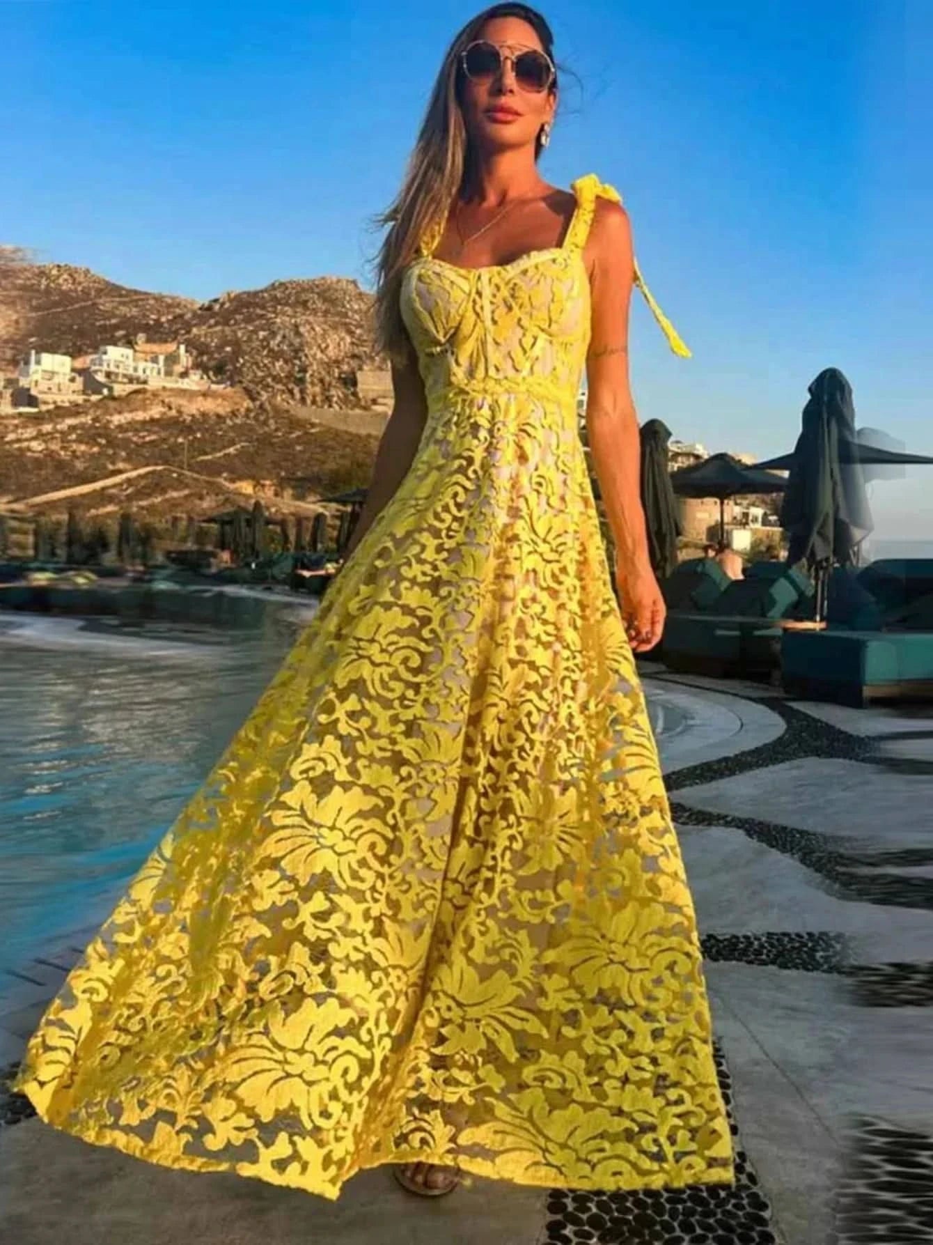 Sexy Lace Jacquard See Through Women Dress Sleeveless Tie Up Backless lace Long Dress Summer Party Ladies Bandage Party Dress - M & M Global