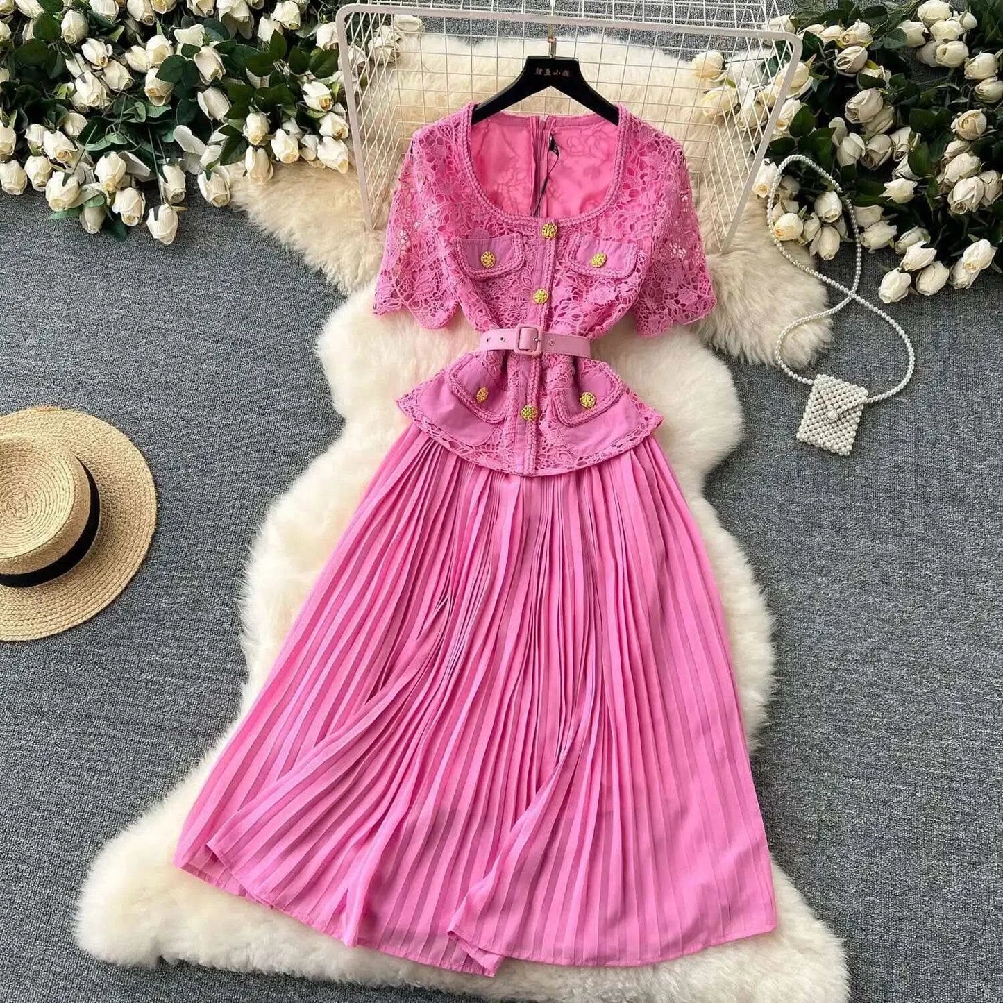 Designer 2025 Summer Pleated Chiffon Lace Long Dress Women Flower Embroidery Gold Button Belt Evening Party Dresses Wedding Robe - M & M Global