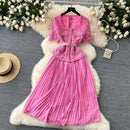 Designer 2025 Summer Pleated Chiffon Lace Long Dress Women Flower Embroidery Gold Button Belt Evening Party Dresses Wedding Robe - M & M Global
