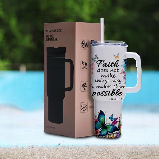 40oz Faith Quote Tumbler with Butterfly Art, Vacuum Insulated Stainless Steel with Handle and Wide Mouth, Gift for Christian Wom