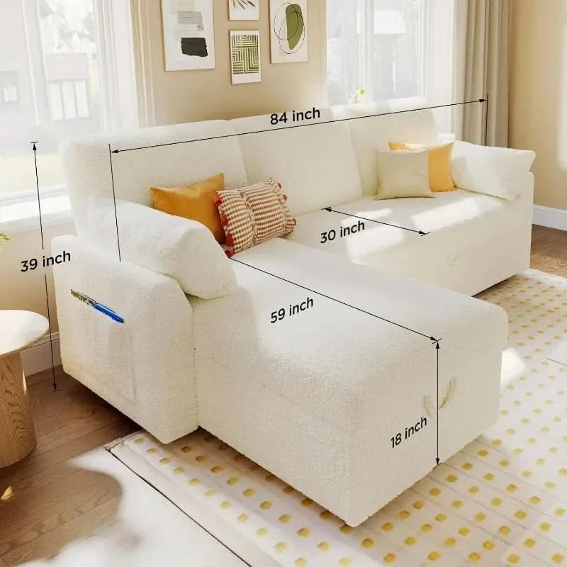 Authenticity guarantee.Sofa Bed- 2 in 1 Pull Out Couch Bed with Storage Chaise for Living Room, White Sherpa Couch.HOME