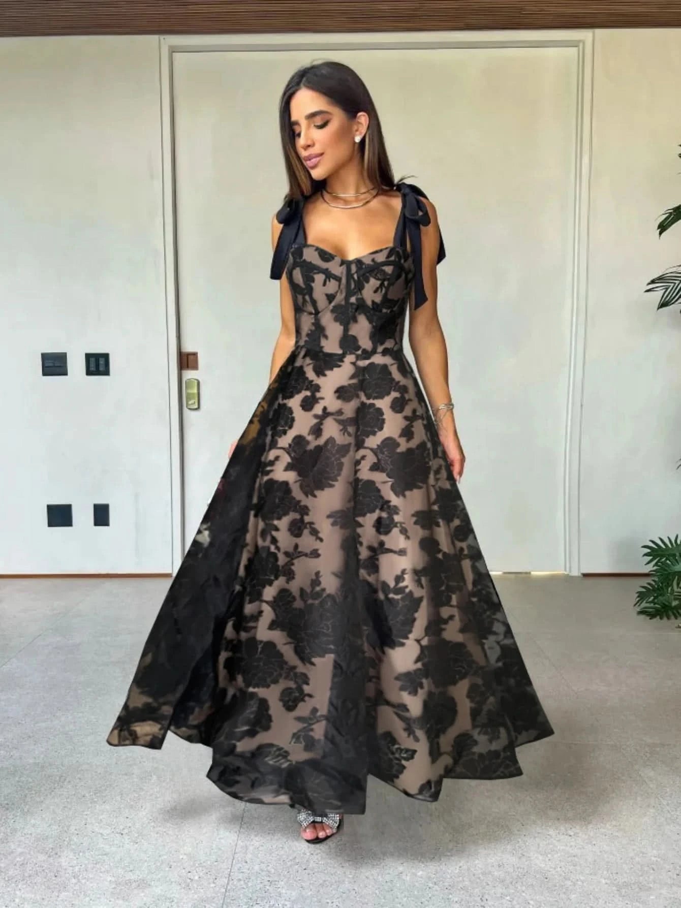 Sexy Lace Jacquard See Through Women Dress Sleeveless Tie Up Backless lace Long Dress Summer Party Ladies Bandage Party Dress - M & M Global