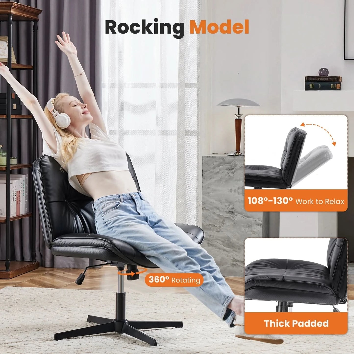 JHK PU Leather Cross Legged Office Chair Armless Desk Chair with Dual-Purpose Base Adjustable Swivel Fabric Task Vanity Home