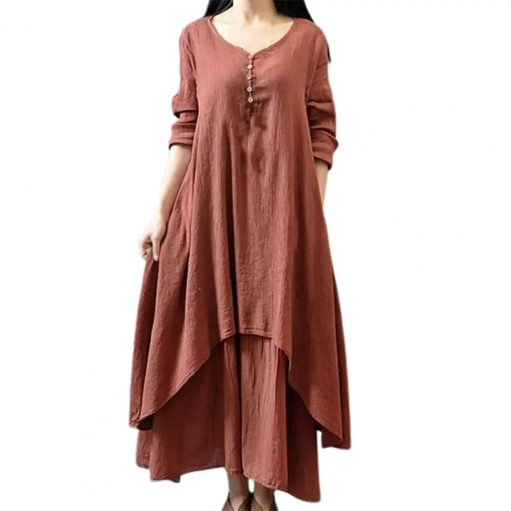 Women Elegant Linen White Dresses Bohemia Layering Vintage Robe Long Sleeve Loose Long Dress Female Autumn Vestidos - M & M Global