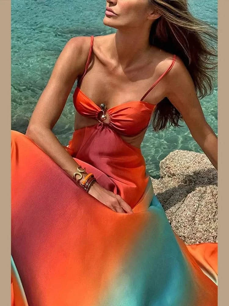 Bohemia Gradient Printed Sling Beach Maxi Dress Women Spaghetti Strap Sleeveless Backless Long Dress Female Hollow Out Chic Robe - M & M Global